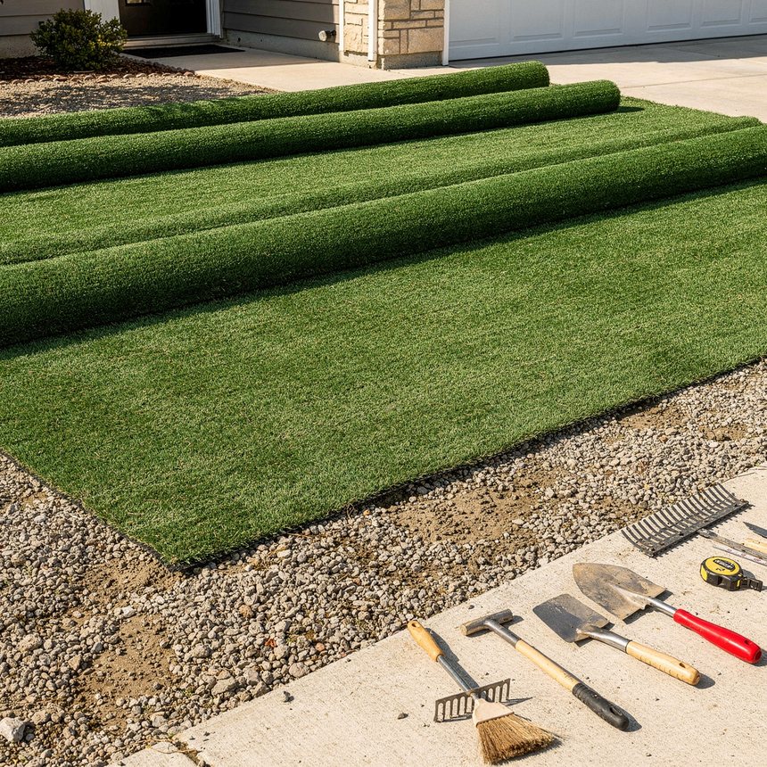 Artificial turf being installed over a compacted base in Waxhaw, NC